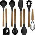 Silicone Cookware Set with Natural Wood Handles, Food Grade Silicone Head - Silicone Kitchen Gadget Spatula Set for Non-Stick Cookware - Black