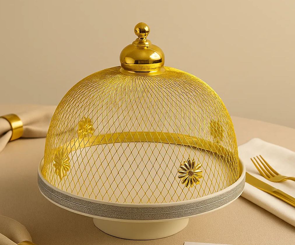 Luxury Golden Mesh Food Cover with Base – Premium Table Serving Dome