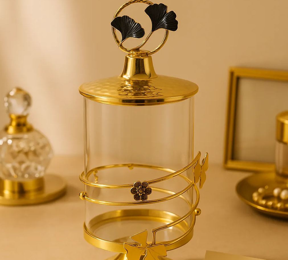 Luxury Golden Ginkgo Glass Storage Jar – Elegant Decorative Container with Floral Metal Wrap